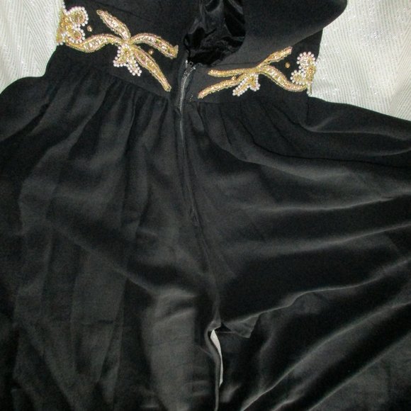 VINTAGE 70s JUMPSUIT PANTS BLACK WIDE LEG DISCO PALAZZO SEQUIN WAIST  28 Small - Picture 10 of 15